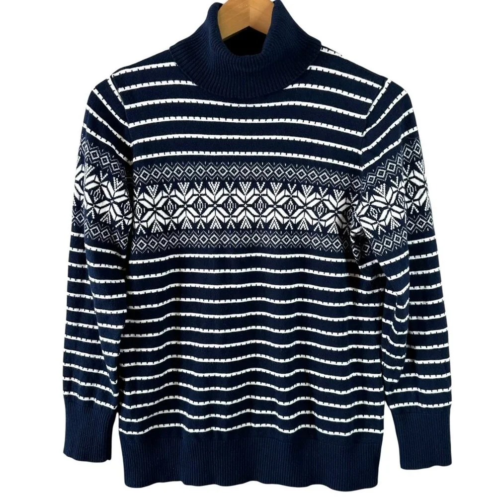 L.L.Bean Navy Fair Isle Stripe Cotton Cashmere Turtleneck Sweater Size Large - Picture 2 of 6